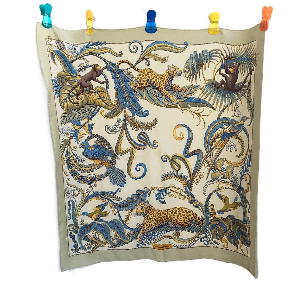 Salvatore Ferragamo Vintage Jungle Animal Motif Silk Scarf Monkeys/leopards